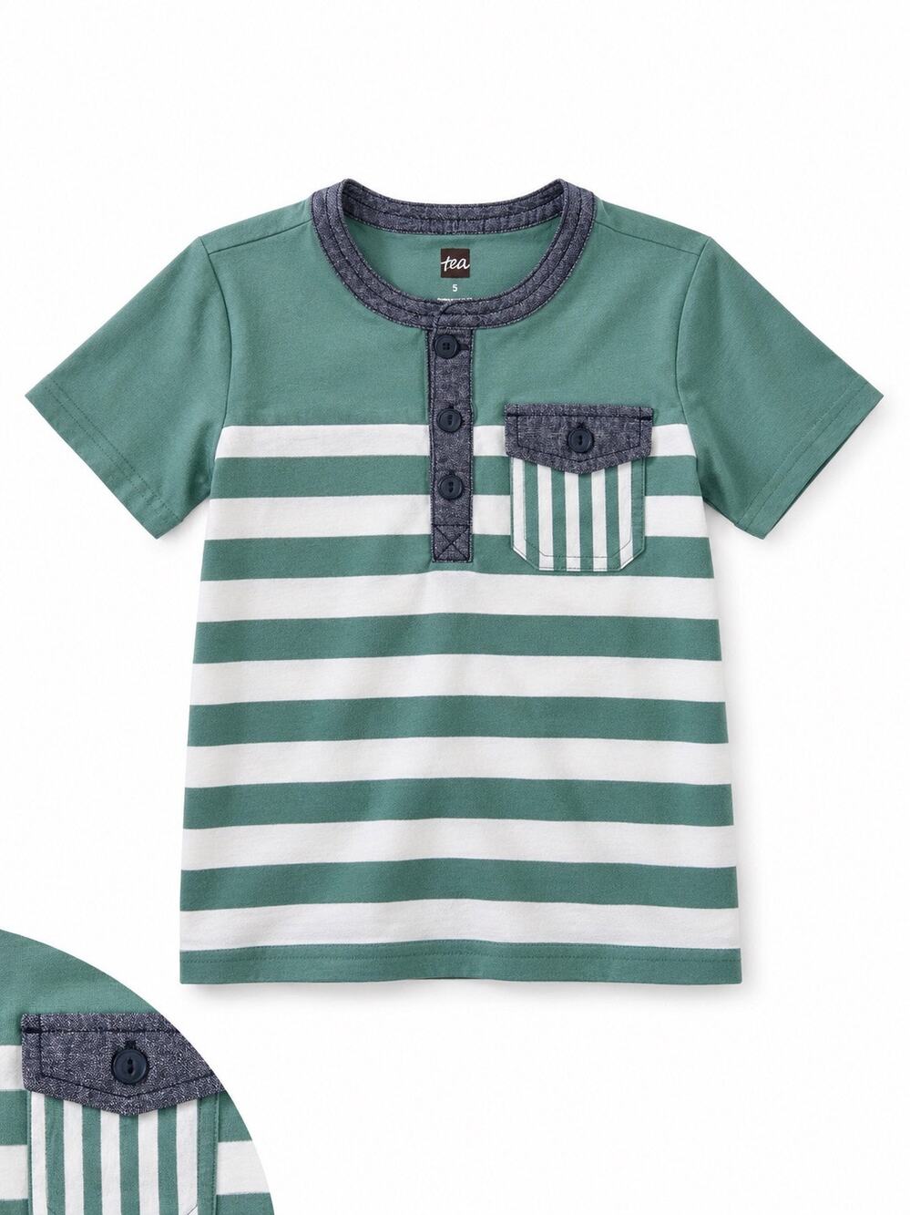 Tea Collection Boys' Green Striped Henley Pocket Tee